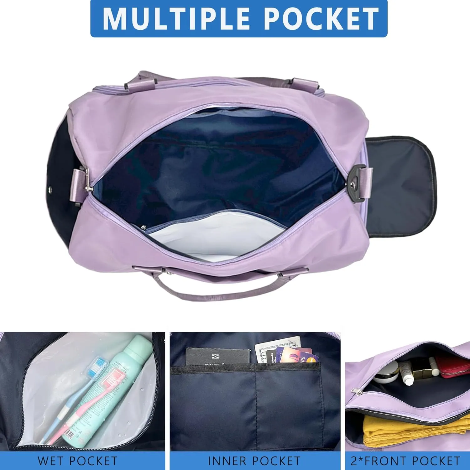 woogwin Gym Bag for Women & Men with Shoes Compartment & Wet Pocket Sports Travel Duffle Bags Workout Bag, Purple, Medium