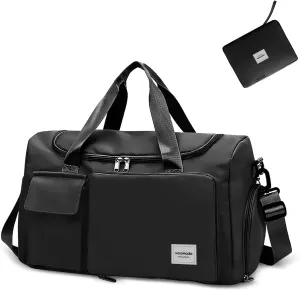WOOMADA Foldable Travel Duffel Bag with Shoes Compartment, Overnight Bag with Wet Pocket & Trolley Sleeve, Weekender Bags for Women, Black