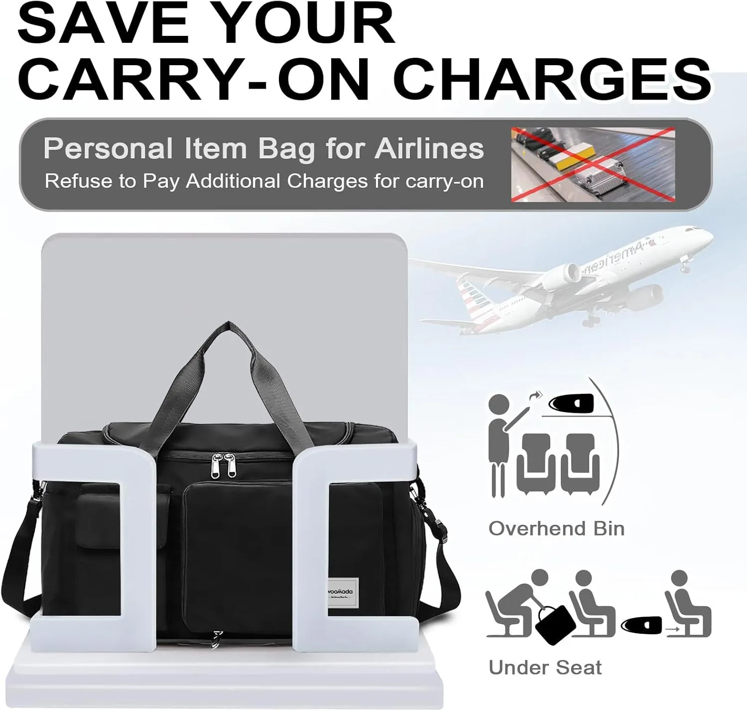 WOOMADA Foldable Travel Duffel Bag with Shoes Compartment, Overnight Bag with Wet Pocket & Trolley Sleeve, Weekender Bags for Women, Black