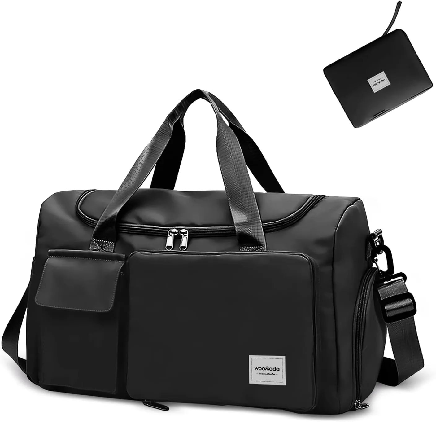 WOOMADA Foldable Travel Duffel Bag with Shoes Compartment, Overnight Bag with Wet Pocket & Trolley Sleeve, Weekender Bags for Women, Black