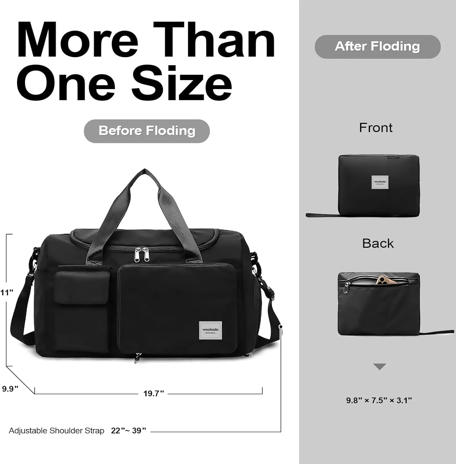 WOOMADA Foldable Travel Duffel Bag with Shoes Compartment, Overnight Bag with Wet Pocket & Trolley Sleeve, Weekender Bags for Women, Black