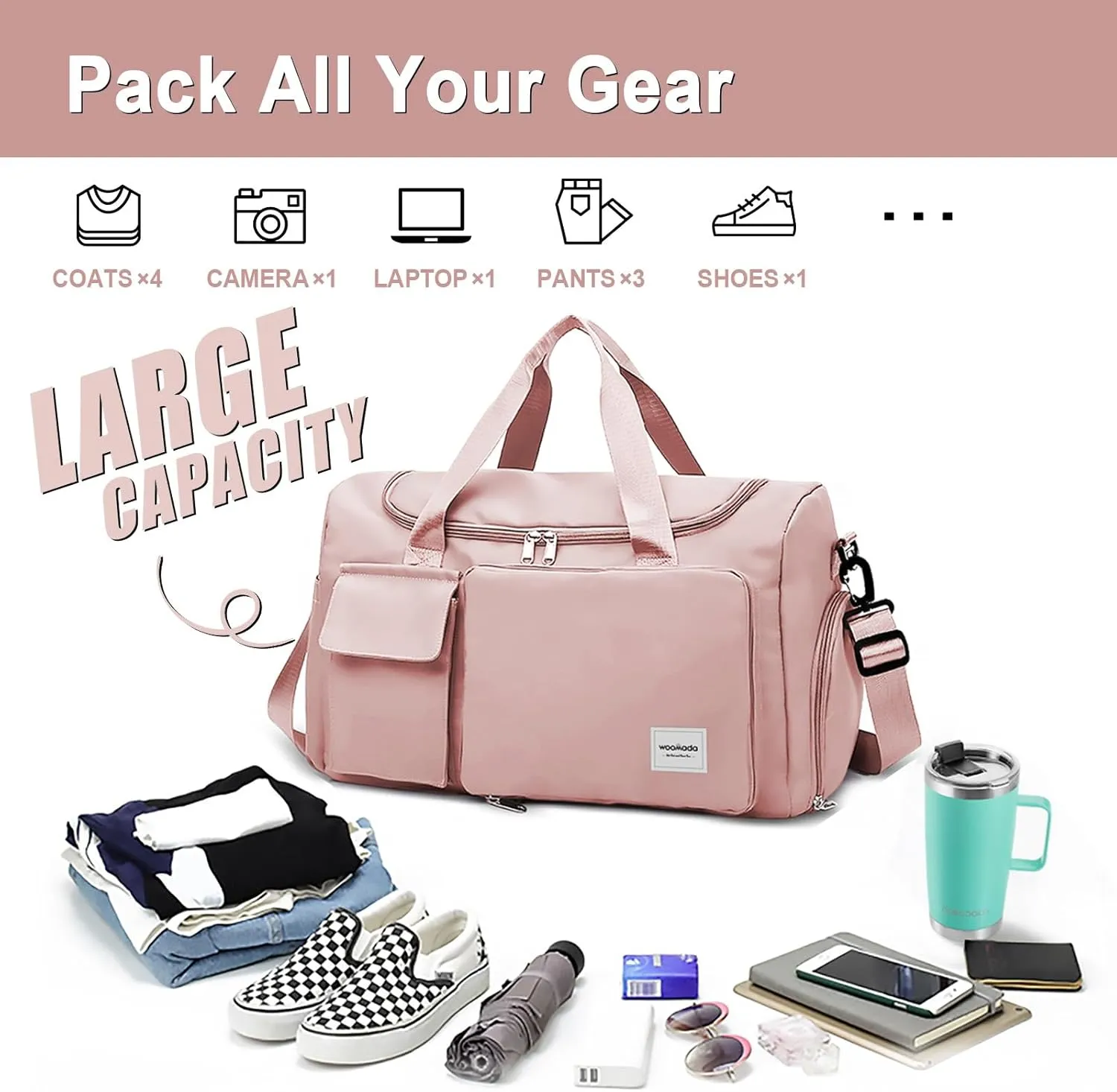 WOOMADA Foldable Travel Duffel Bag with Shoes Compartment, Overnight Bag with Wet Pocket & Trolley Sleeve, Weekender Bags for Women, pink