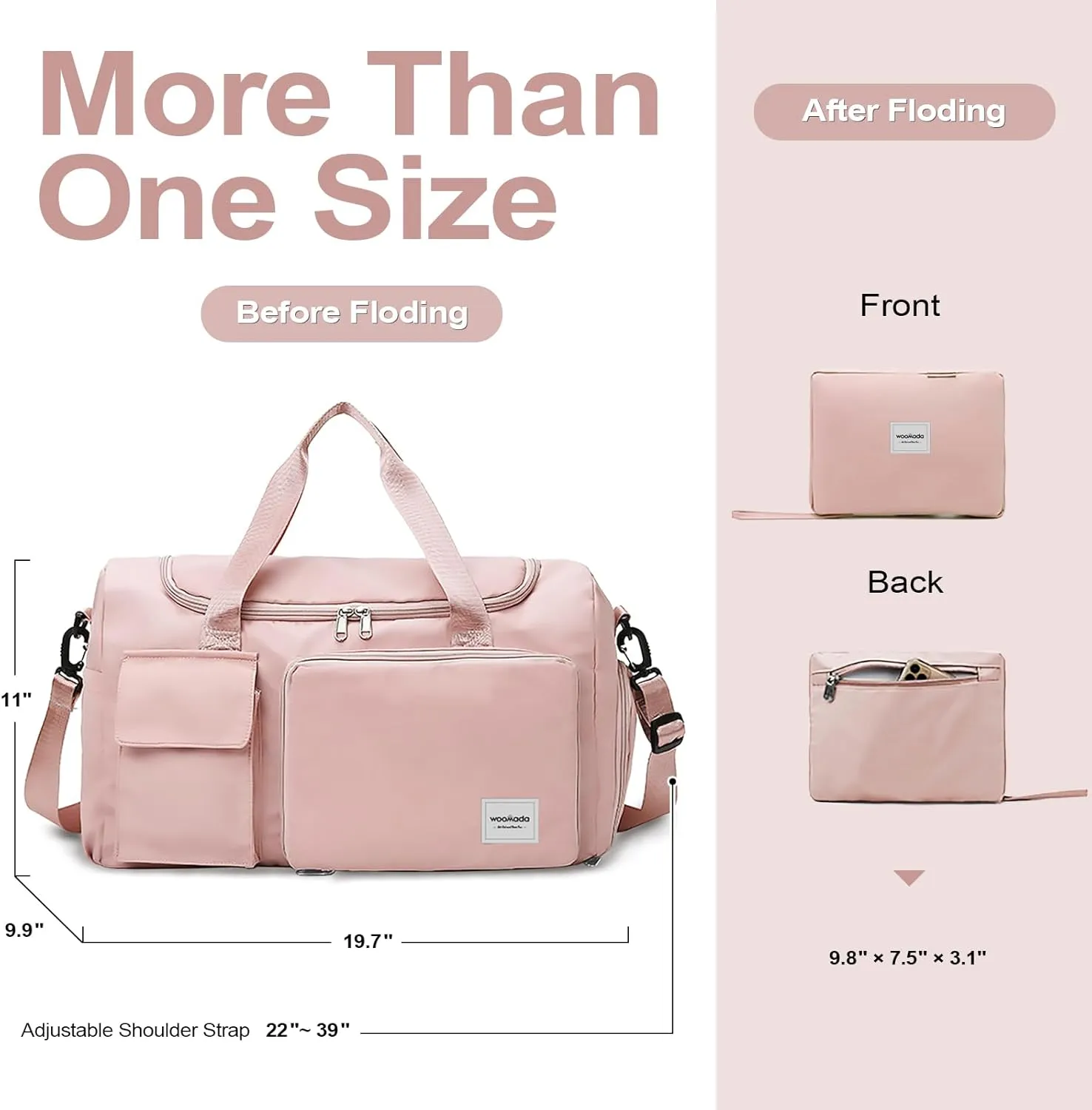 WOOMADA Foldable Travel Duffel Bag with Shoes Compartment, Overnight Bag with Wet Pocket & Trolley Sleeve, Weekender Bags for Women, pink