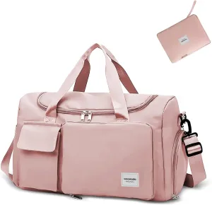 WOOMADA Foldable Travel Duffel Bag with Shoes Compartment, Overnight Bag with Wet Pocket & Trolley Sleeve, Weekender Bags for Women, pink