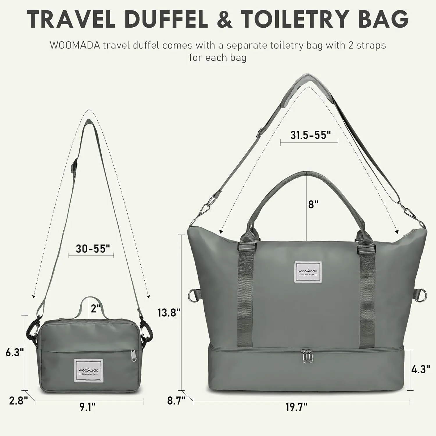 WOOMADA Weekender Bag for Women, Travel Duffel with Shoes Compartment,Overnight Bag with Toiletry Bag Large Size, Army Green