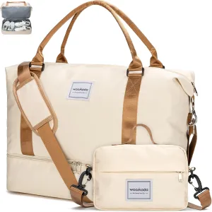 WOOMADA Weekender Bag for Women, Travel Duffel with Shoes Compartment,Overnight Bag with Toiletry Bag Large Size, Beige&brown