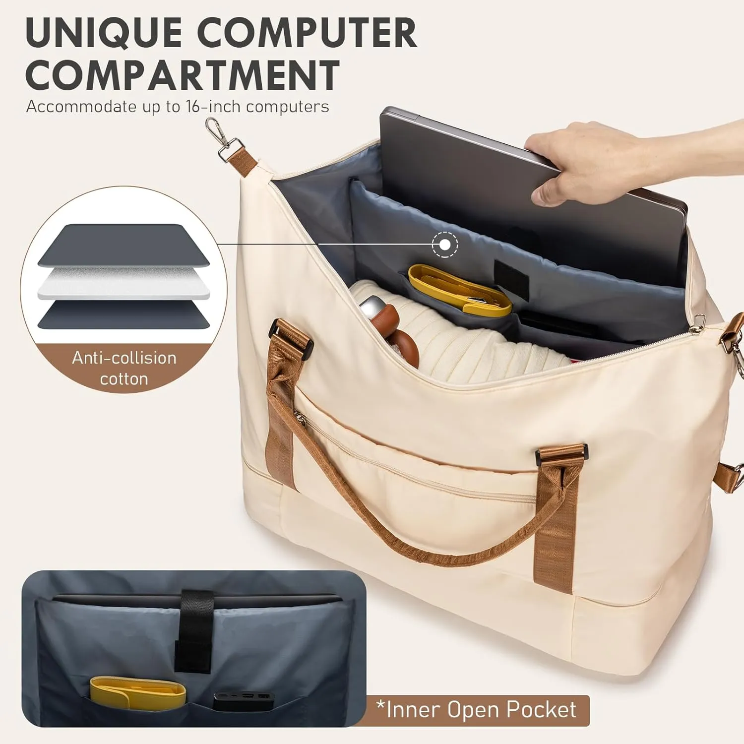 WOOMADA Weekender Bag for Women, Travel Duffel with Shoes Compartment,Overnight Bag with Toiletry Bag Large Size, Beige&brown