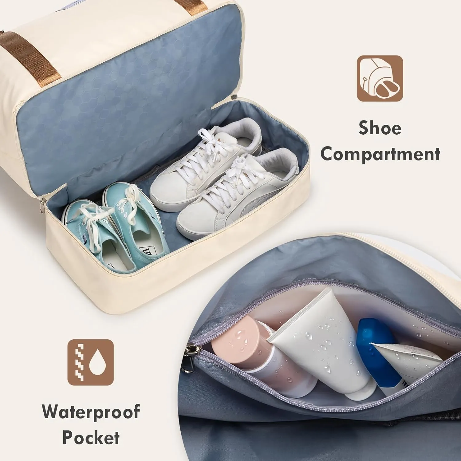 WOOMADA Weekender Bag for Women, Travel Duffel with Shoes Compartment,Overnight Bag with Toiletry Bag Large Size, Beige&brown