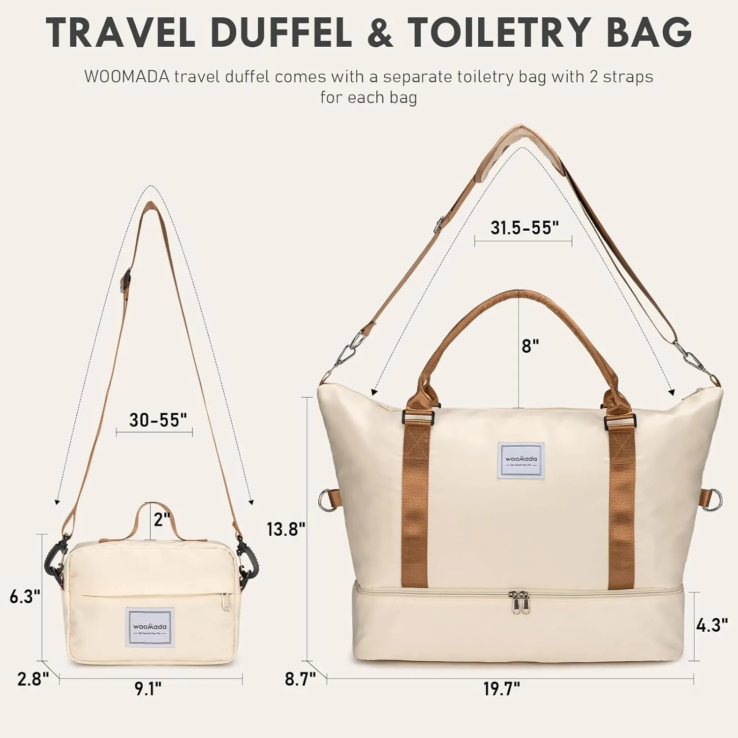 WOOMADA Weekender Bag for Women, Travel Duffel with Shoes Compartment,Overnight Bag with Toiletry Bag Large Size, Beige&brown