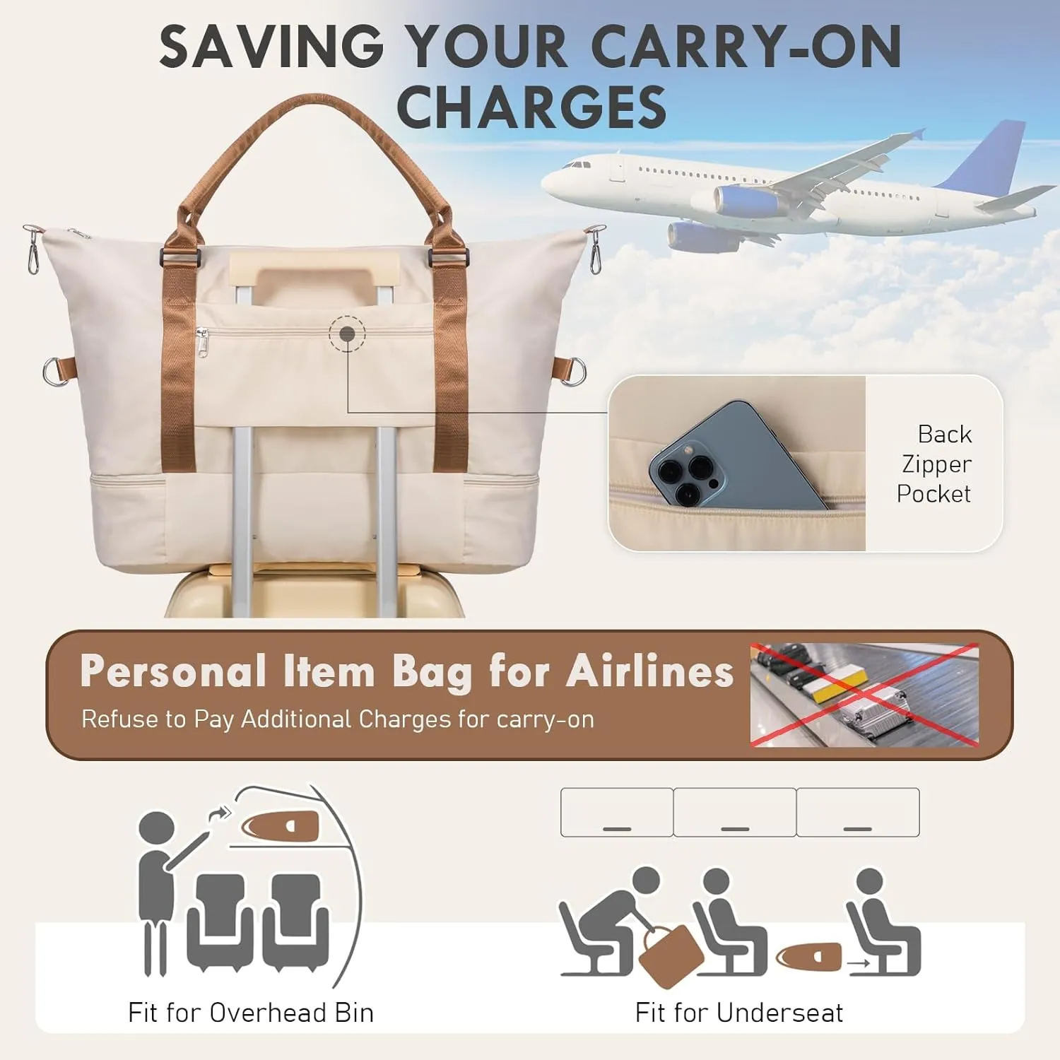 WOOMADA Weekender Bag for Women, Travel Duffel with Shoes Compartment,Overnight Bag with Toiletry Bag Large Size, Beige&brown