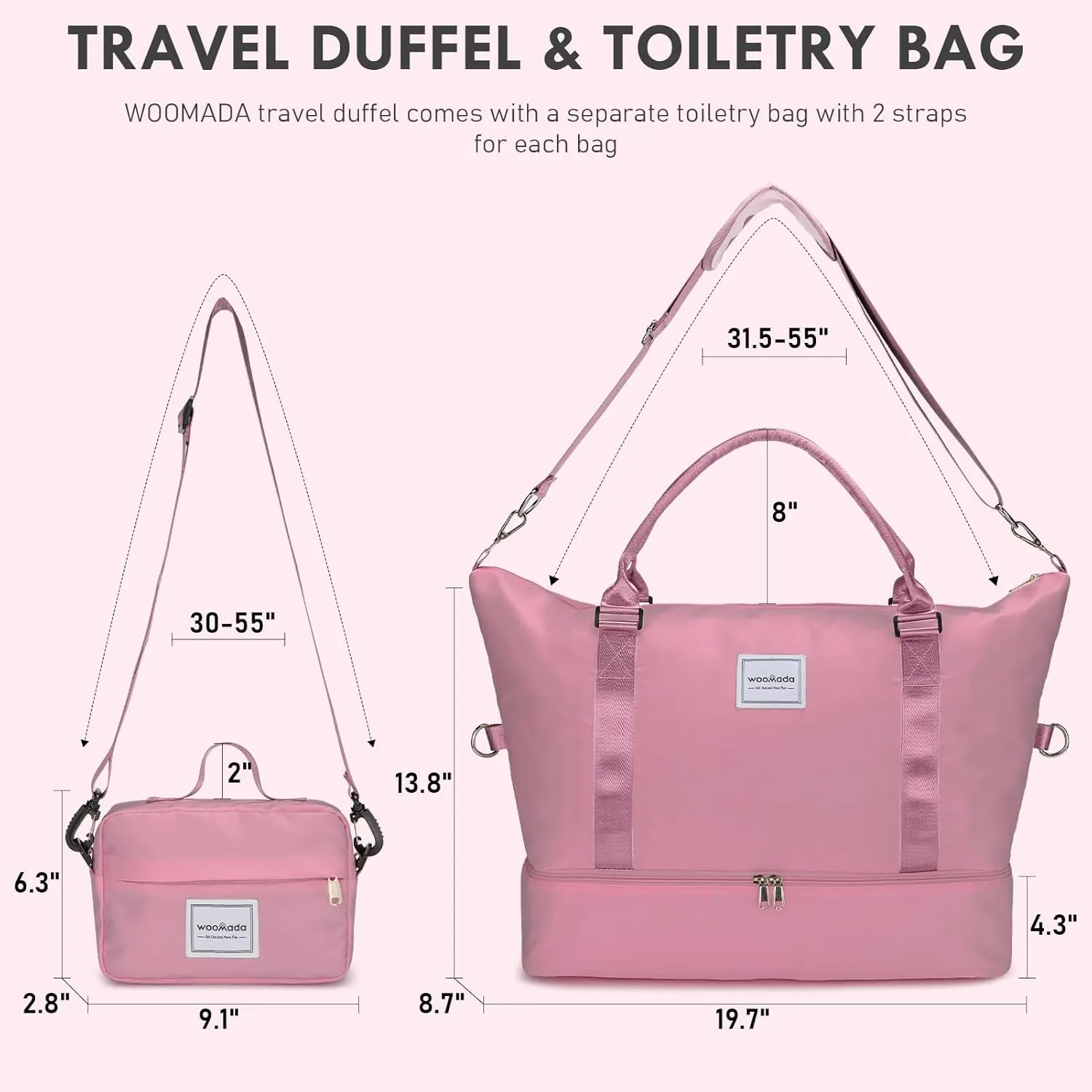 WOOMADA Weekender Bag for Women, Travel Duffel with Shoes Compartment,Overnight Bag with Toiletry Bag Large Size, Berry Pink