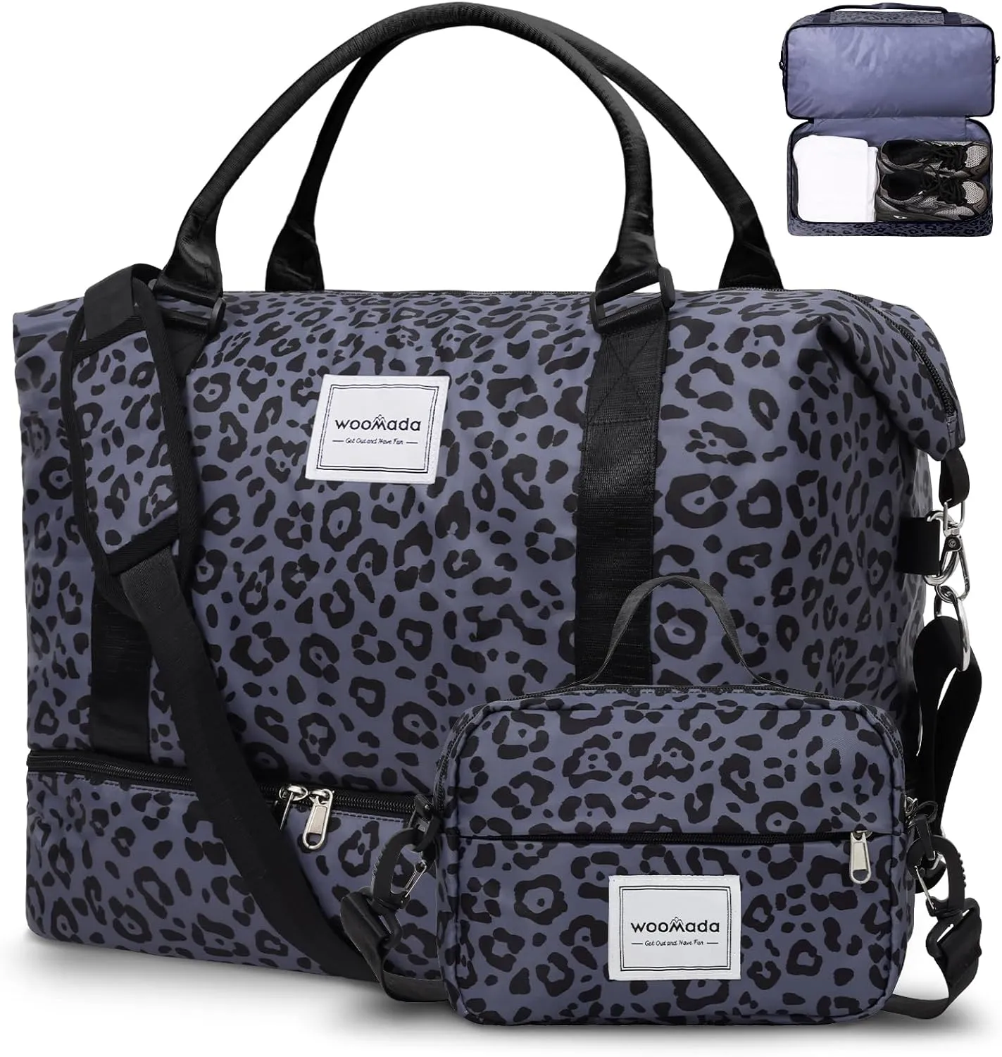 WOOMADA Weekender Bag for Women, Travel Duffel with Shoes Compartment,Overnight Bag with Toiletry Bag Large Size, Black Leopard