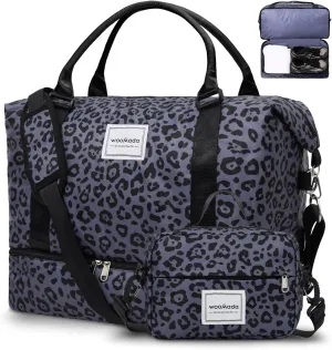 WOOMADA Weekender Bag for Women, Travel Duffel with Shoes Compartment,Overnight Bag with Toiletry Bag Large Size, Black Leopard
