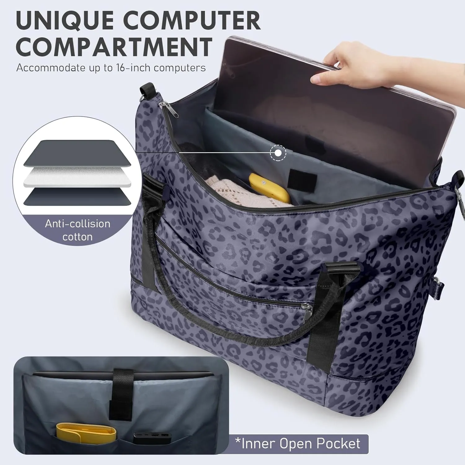 WOOMADA Weekender Bag for Women, Travel Duffel with Shoes Compartment,Overnight Bag with Toiletry Bag Large Size, Black Leopard
