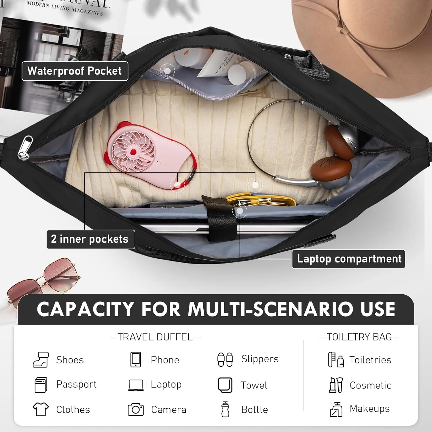 WOOMADA Weekender Bag for Women, Travel Duffel with Shoes Compartment,Overnight Bag with Toiletry Bag Large Size, Black