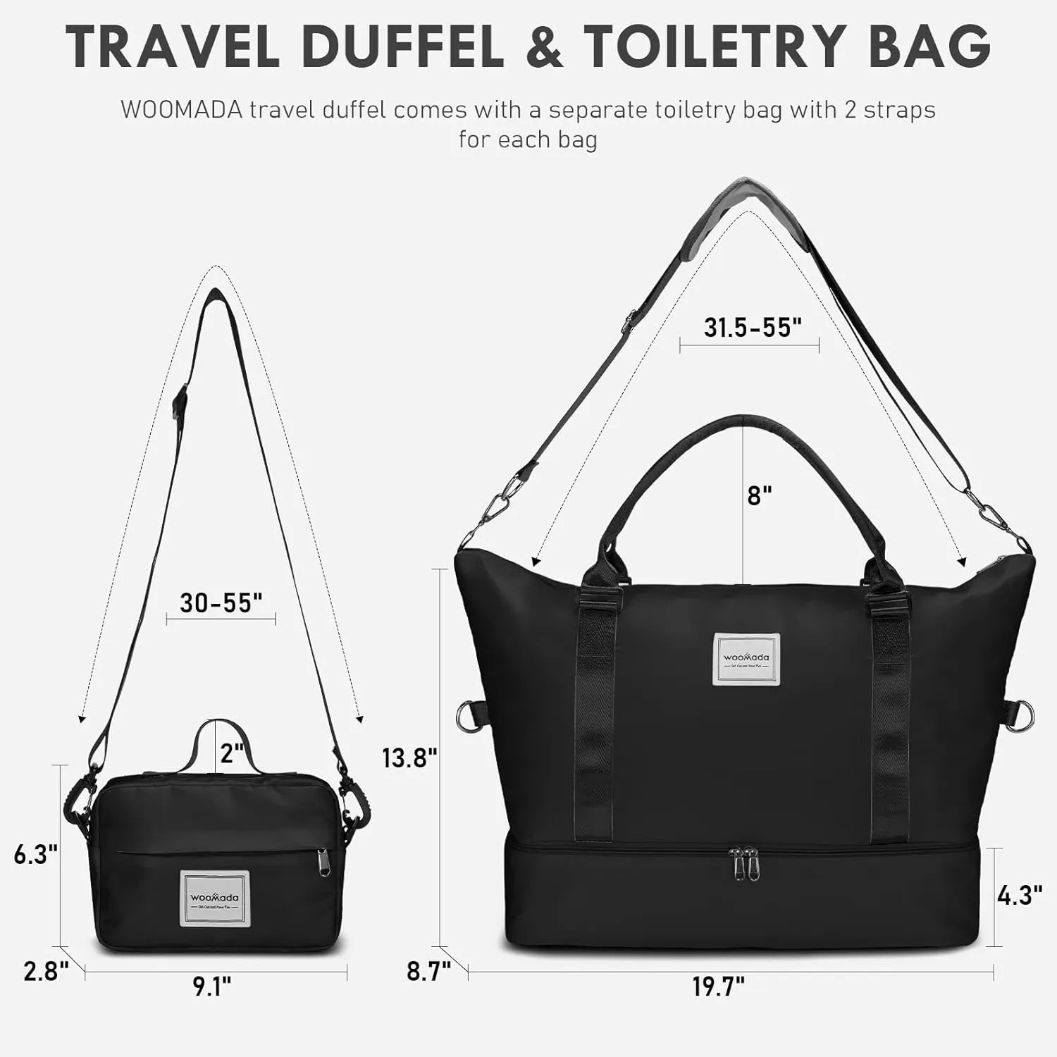 WOOMADA Weekender Bag for Women, Travel Duffel with Shoes Compartment,Overnight Bag with Toiletry Bag Large Size, Black