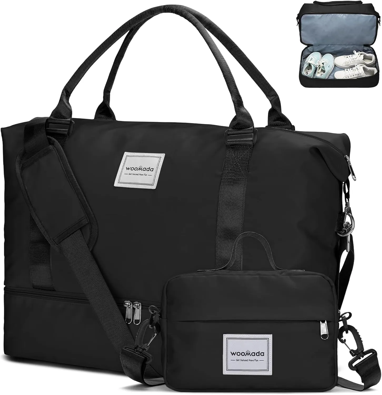 WOOMADA Weekender Bag for Women, Travel Duffel with Shoes Compartment,Overnight Bag with Toiletry Bag Large Size, Black