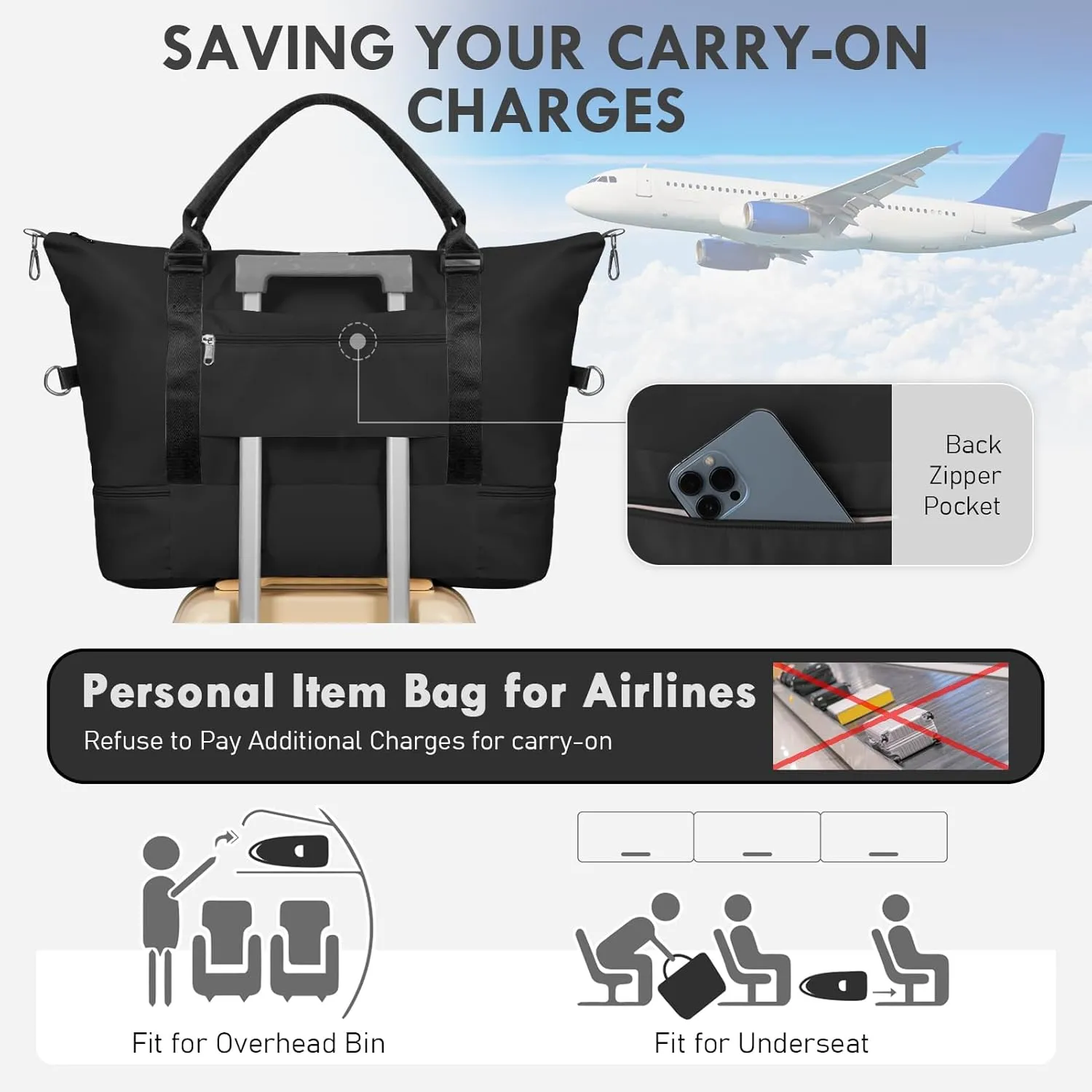WOOMADA Weekender Bag for Women, Travel Duffel with Shoes Compartment,Overnight Bag with Toiletry Bag Large Size, Black