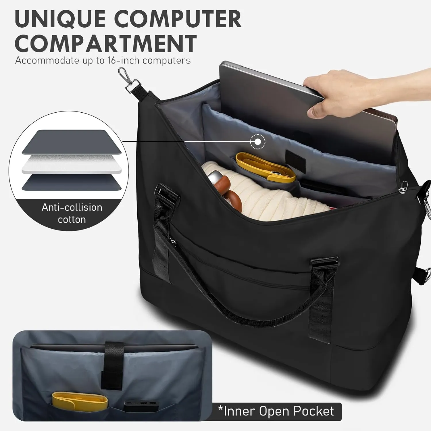 WOOMADA Weekender Bag for Women, Travel Duffel with Shoes Compartment,Overnight Bag with Toiletry Bag Large Size, Black
