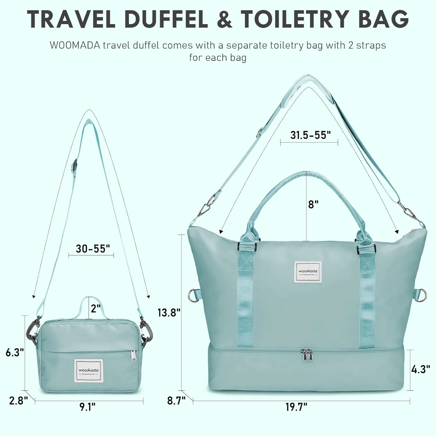 WOOMADA Weekender Bag for Women, Travel Duffel with Shoes Compartment,Overnight Bag with Toiletry Bag Large Size, Teal Blue