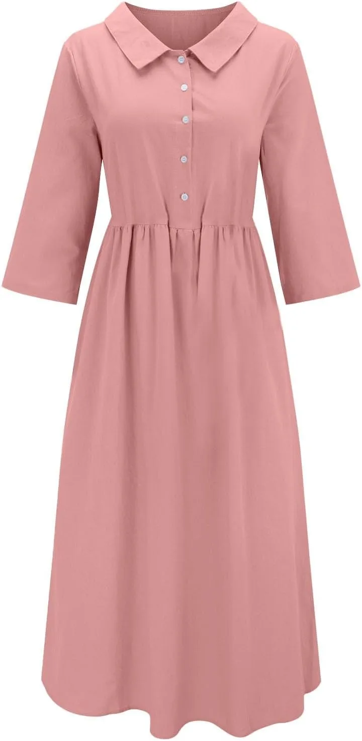 XOWRTE Cotton Linen Dresses for Women 2025 Casual Summer Sleeveless Dresses Loose Fit Turn Down Neck Solid Color Sundress