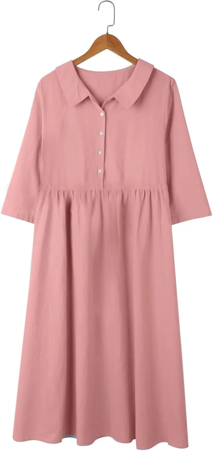 XOWRTE Cotton Linen Dresses for Women 2025 Casual Summer Sleeveless Dresses Loose Fit Turn Down Neck Solid Color Sundress