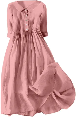 XOWRTE Cotton Linen Dresses for Women 2025 Casual Summer Sleeveless Dresses Loose Fit Turn Down Neck Solid Color Sundress
