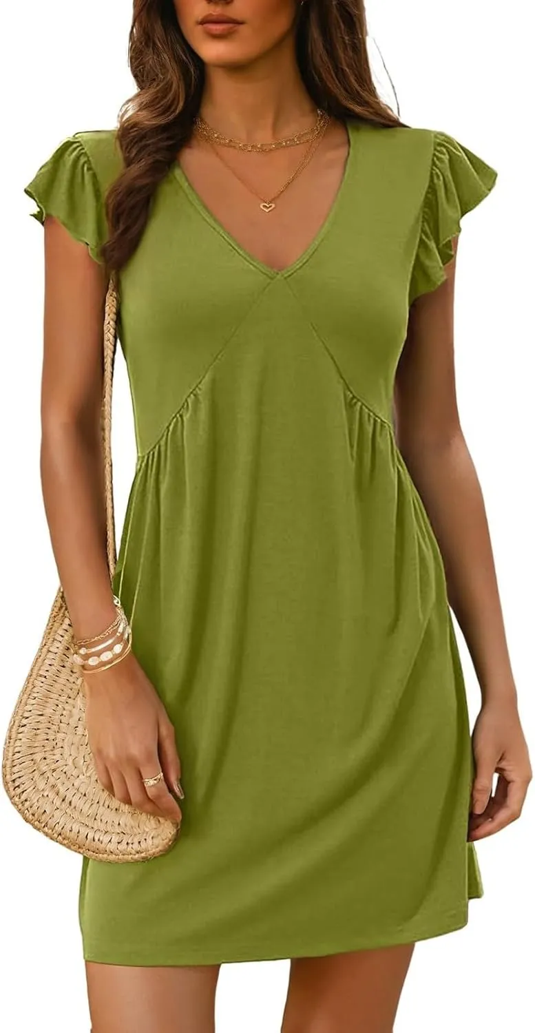 XOWRTE Women's Summer Dresses 2025 Beach Casual Deep V Neck Loose Sundress Ruffle Sleeve Mini Dress A-Line Tunic Dress