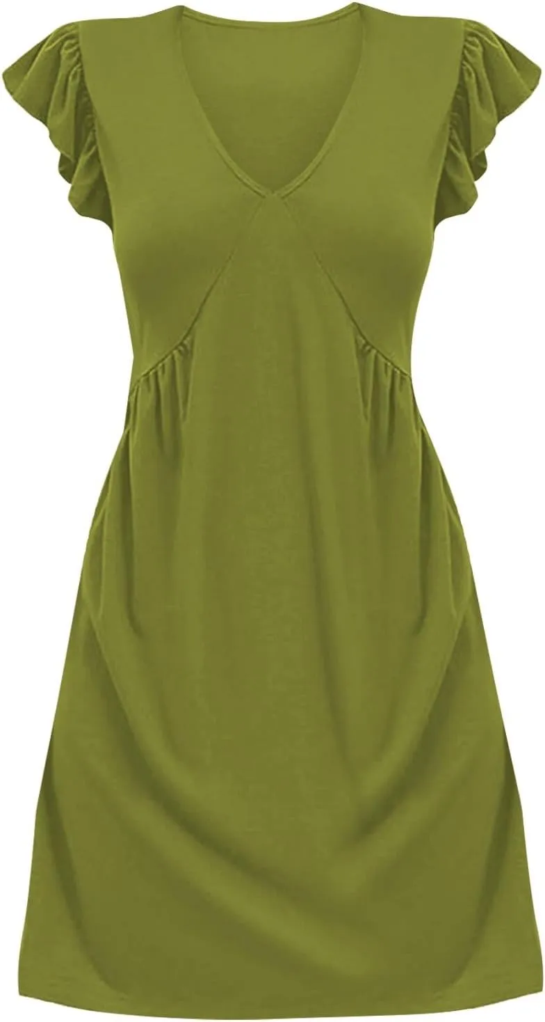 XOWRTE Women's Summer Dresses 2025 Beach Casual Deep V Neck Loose Sundress Ruffle Sleeve Mini Dress A-Line Tunic Dress