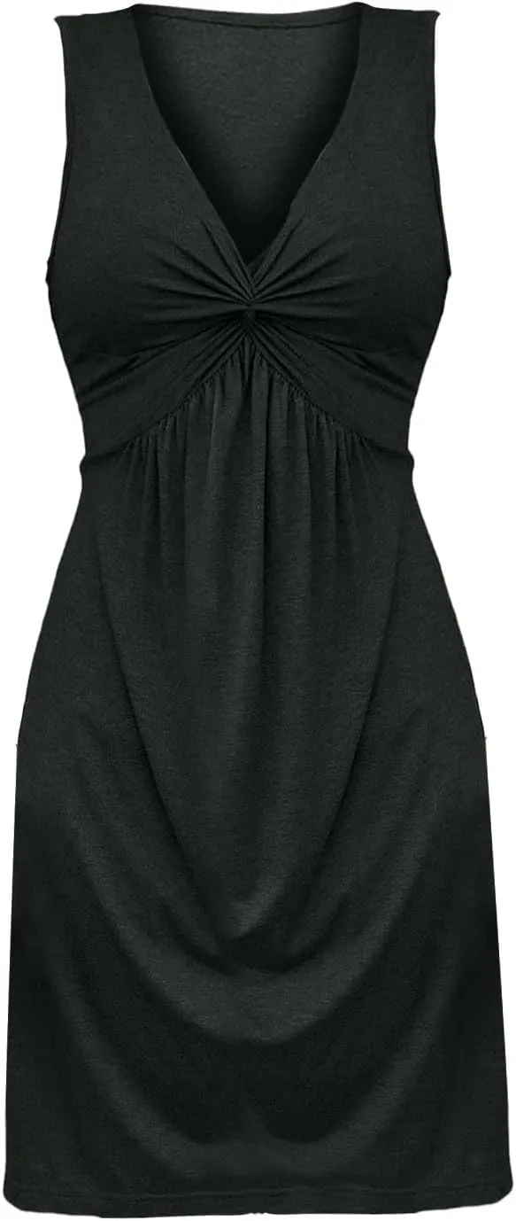 XOWRTE Women's Twist Front V Neck Ruffle Casual Summer Dress Sexy Elegant Sleeveless Club Party Tunic Bodycon Mini Dresses